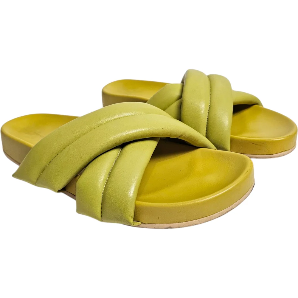 French Connection Yellow Green Hayden Slide Sandals Puffy Straps Criss Cross 7 - Picture 1 of 11